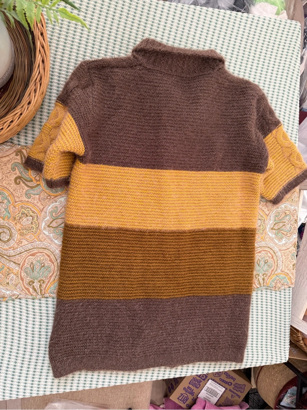 VTG Colorblock Cable Knit Short Sleeve Cardigan Brown Mustard Cottagecore Large - Picture 6 of 16